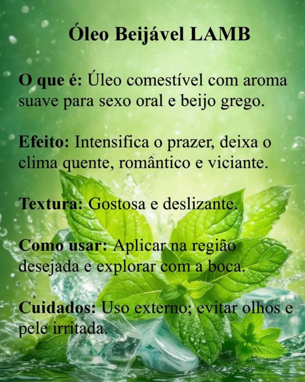 🔥Óleo Beijável com aroma suave de MENTA para sexy oral e beijo grego