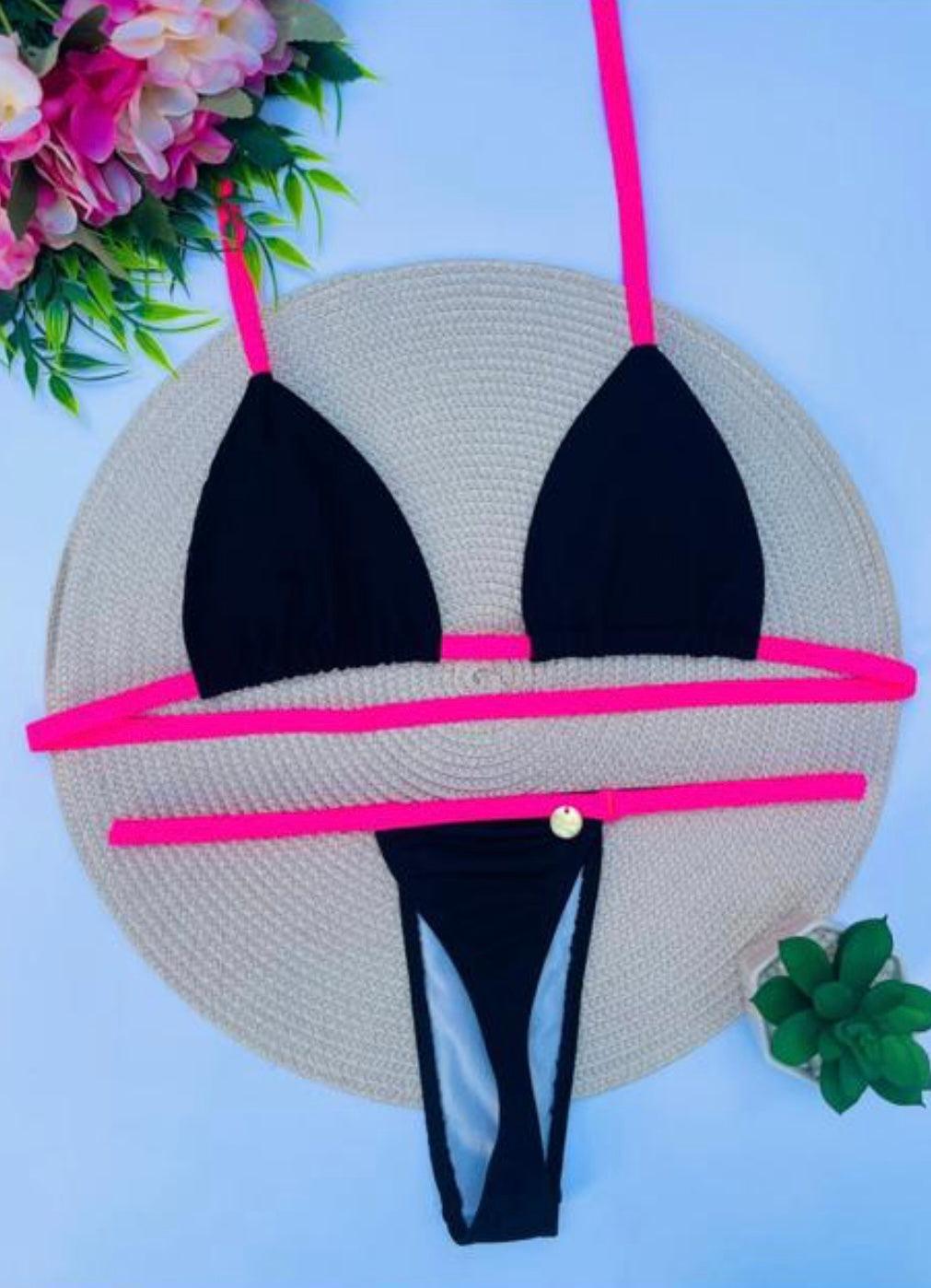 🇧🇷Biquini de Fita 2 Cores Preto e Rosa
